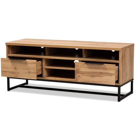 Baxton Studio Reid Industrial Oak Finished Wood and Black Metal 2-Drawer TV Stand 162-10294